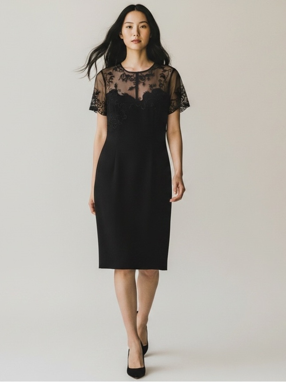 Alice + Olivia Black Embroidered Mesh Yoke Sheath Cocktail Dress Large Glam NEW‎